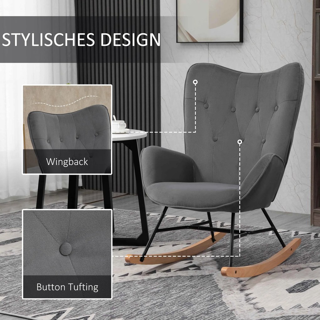 Nowoczesny Fotel Bujany HOMCOM z Miękkim Siedziskiem - Ciemnoszary+Natura