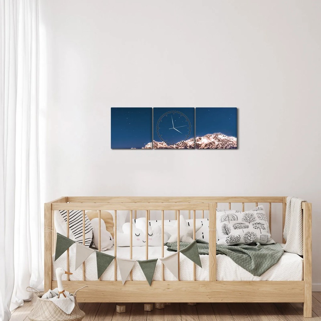 Obraz gór i nocnego nieba (z zegarem) (90x30 cm)