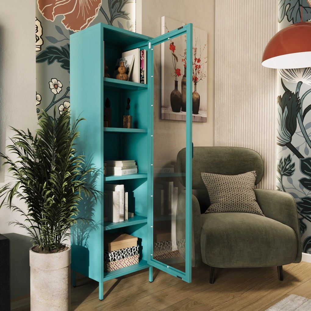 Witryna szklana do salonu wąska morska / turkusowa Modern LUIGI 500 x 1800 x 350 mm