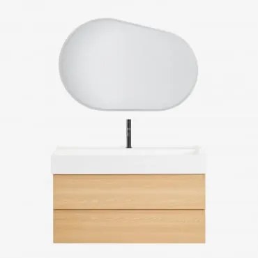 Zestaw Wiszących Mebli Łazienkowych Z Drewna I Forniru Jesionowego Zintegrowany Z Umywalką Ona Naturalna & Owalna Lampa Led - Sklum