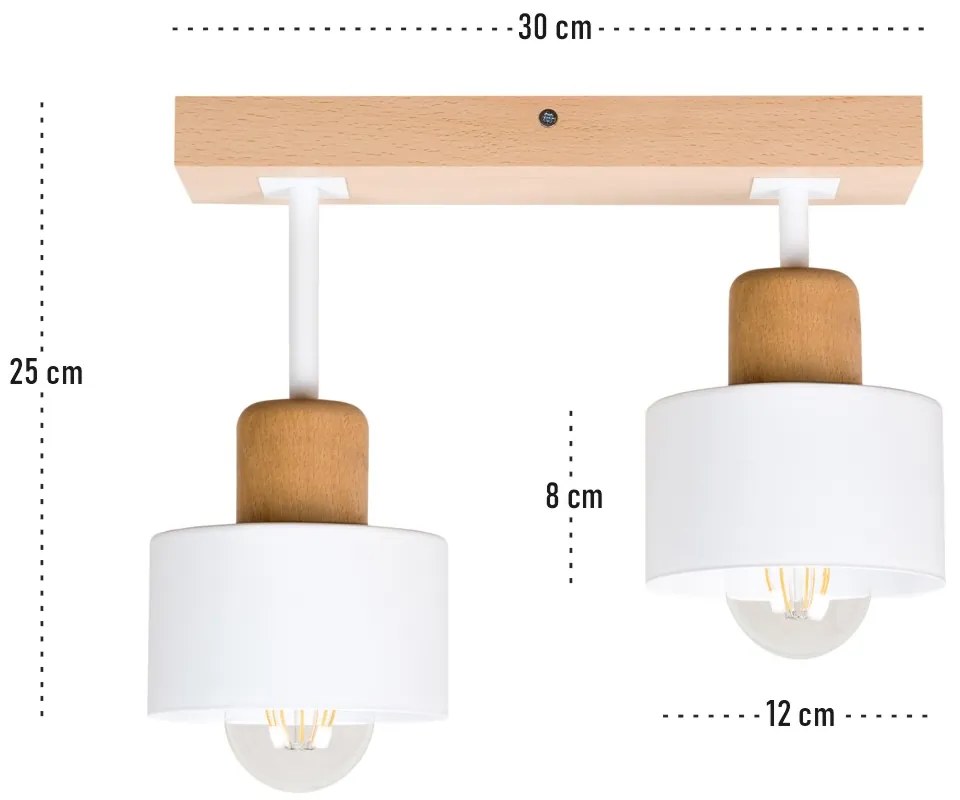 Biała lampa sufitowa, dwupunktowy spot DWE30x7BU z drewna i metalu E27