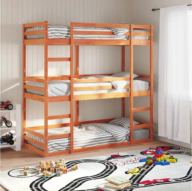 Łóżko Piętrowe Potrójne z Litego Sosnowego Drewna 75x190 cm - Solidne i Funkcjonalne