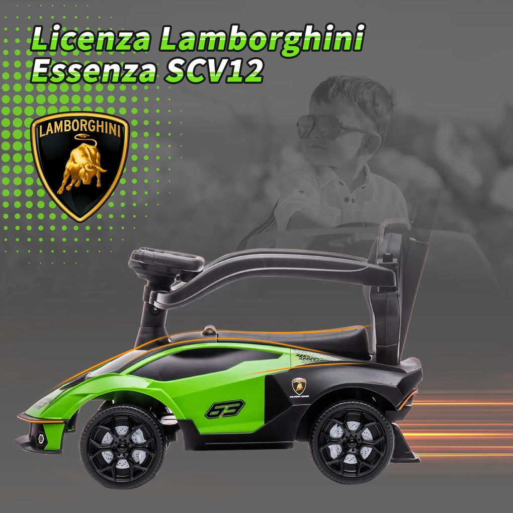 AIYAPLAY Lamborghini pojazd dla dzieci 2 w 1, pchacz z rączką i barierką bezpieczeństwa, kierownica i klakson, Zielony | Aosom PL