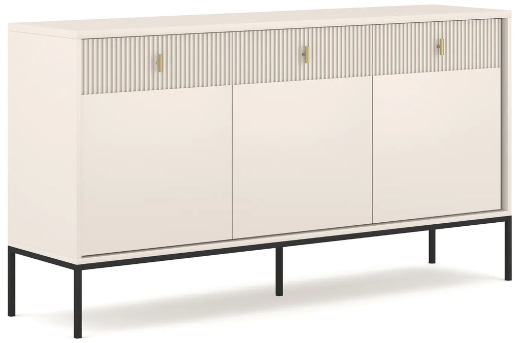 Komoda do Salonu Sypialni MARCOS 154 cm Kaszmir Ryflowana Trzydrzwiowa z Szufladami Nowoczesna