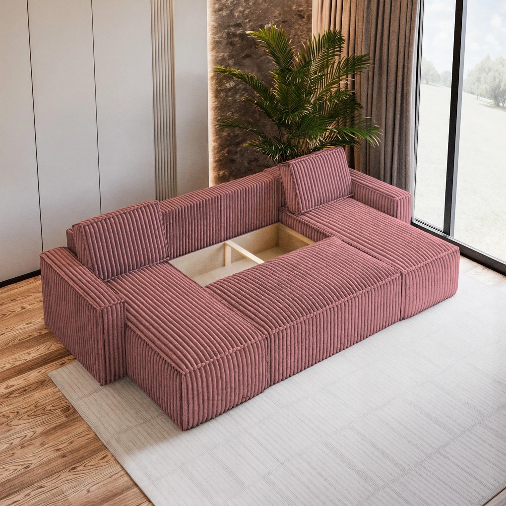 Masseno Narożnik PESANO z funkcją spania i pojemnikiem na pościel Narozniki U, Rozkładana sofa - Pudrowy róż, TILIA 62