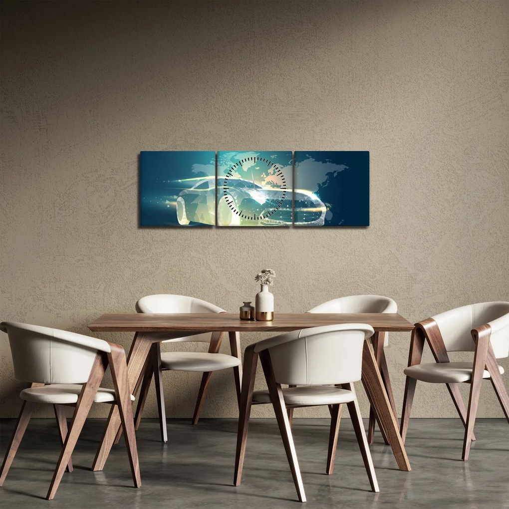 Obraz samochodu wykonany z geometrycznych kształtów (z zegarem) (90x30 cm)