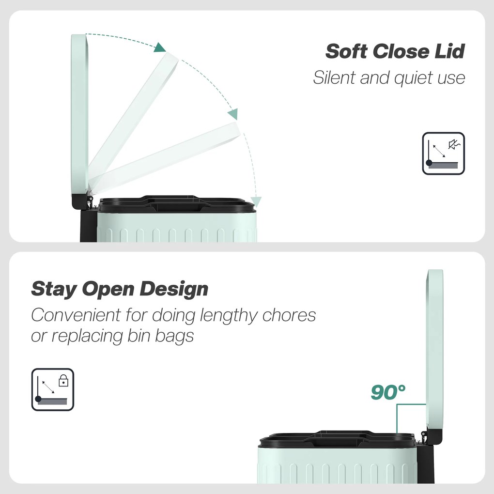 HOMCOM Kosz na śmieci do kuchni, 2 x 20 L, efektywne sortowanie odpadów, pedał nożny, tworzywo sztuczne, metal, zielony | Aosom PL