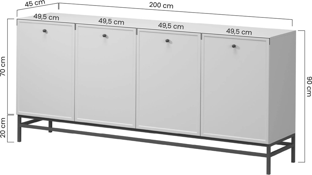 Komoda Lorini 200 cm czterodrzwiowa - kaszmir / czarne uchwyty T-bar / stelaż