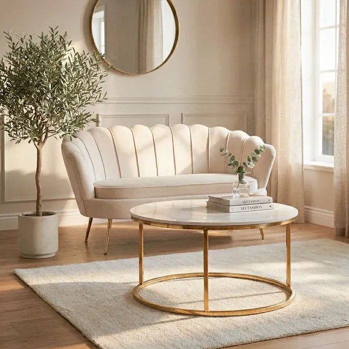 Stolik Kawowy VENICE 80 cm Biały Marmur/Złoty Glamour