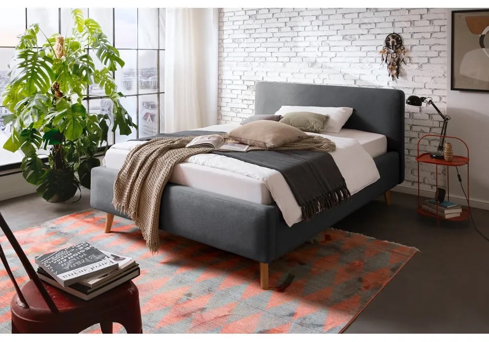 Antracytowe tapicerowane łóżko dwuosobowe ze schowkiem ze stelażem 140x200 cm Mattis – Meise Möbel