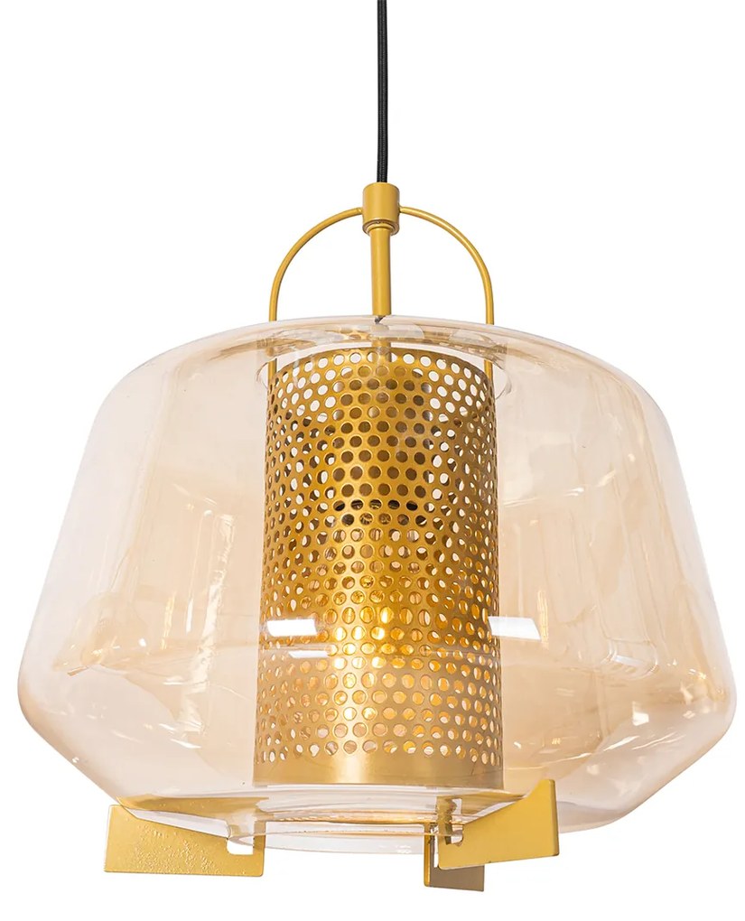 Lampa wisząca złota z bursztynowym szkłem 30 cm owalna 3-światłowa - Kevin ArtDeco Oswietlenie wewnetrzne