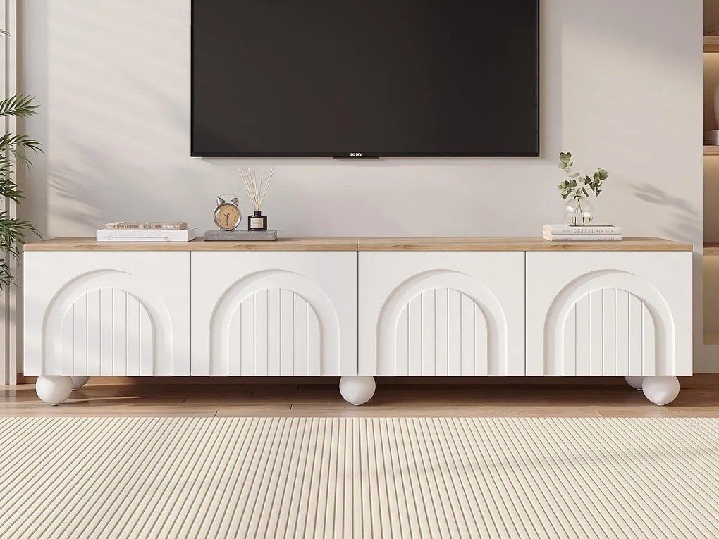 Szafa TV 180x40x45 cm - 4 drzwi - nowoczesny design - MDF - Biały + Naturalny