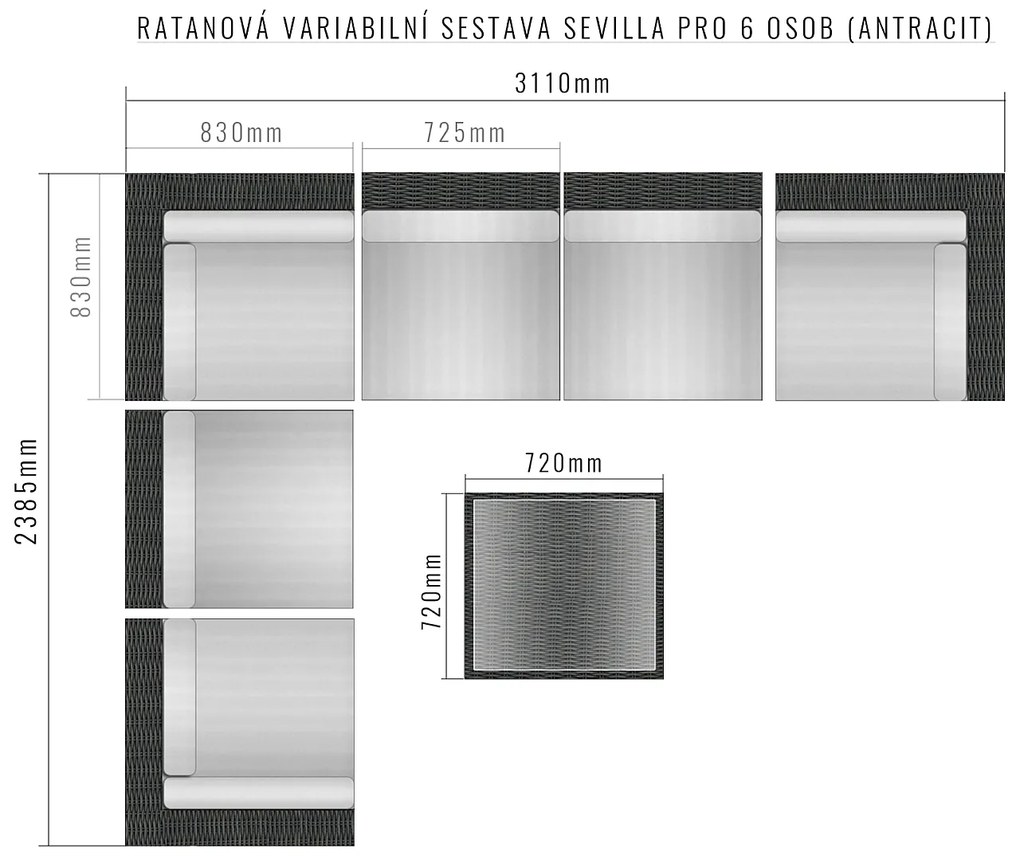 Rattanowy zestaw regulowany SEVILLA dla 6 osób (antracyt)