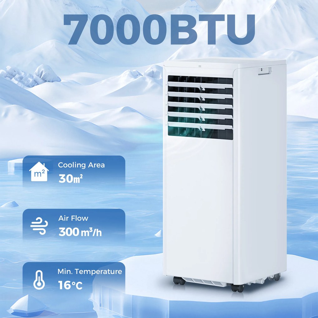 HOMCOM Przenośny klimatyzator 7000 BTU, 4-w-1 z funkcją chłodzenia, osuszania, wentylacji i trybem nocnym | Aosom PL