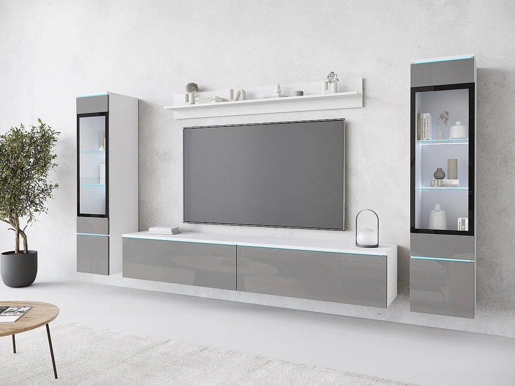 Zestaw mebli do salonu z LED 4 elementy – szafka RTV 180 cm, 2 witryny i półka, stojąca lub wisząca, korpus biały mat, fronty szary połysk