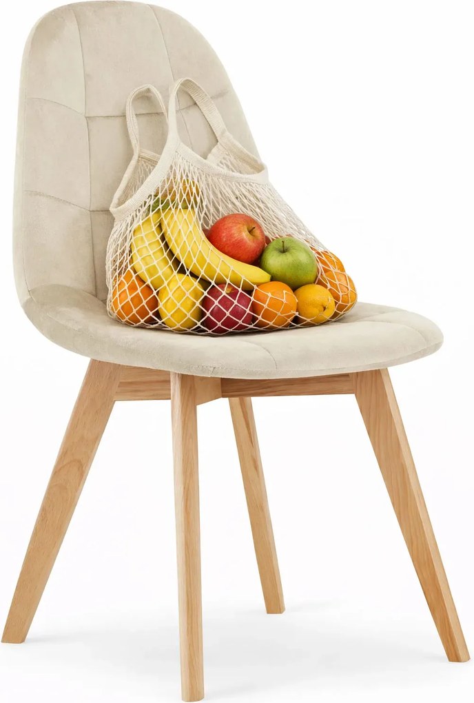 Beżowe pikowane krzesło drewniane welurowe kontenerek W0-D18