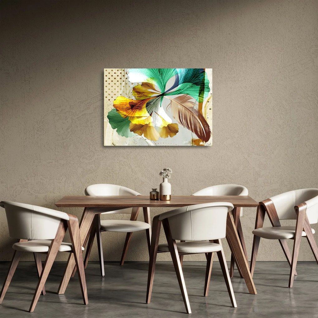 Obraz na szkle - Liście z piórami (70x50 cm)