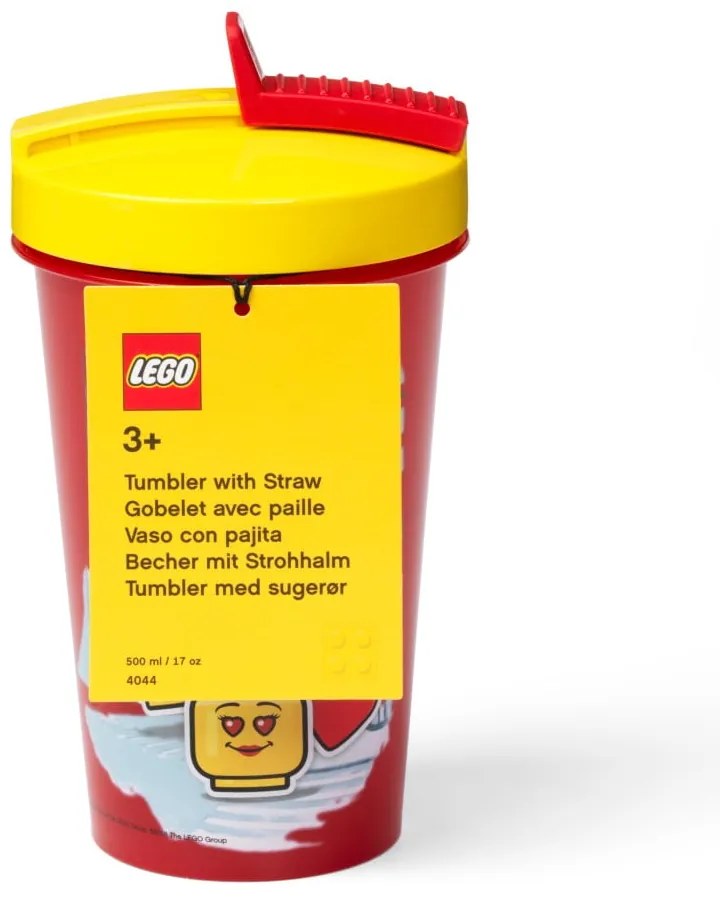 Czerwony kubek podróżny z żółtym wieczkiem i słomką LEGO® Iconic, 500 ml