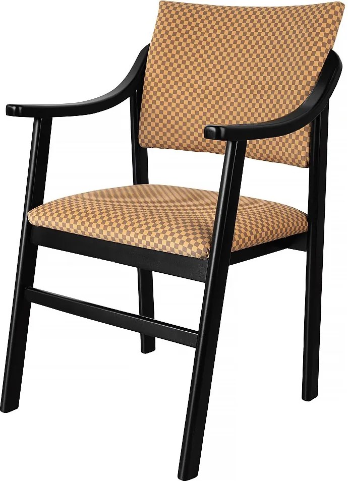 Krzesło z czarnego drewna z tkaniną w beżową kratkę ETIENNE