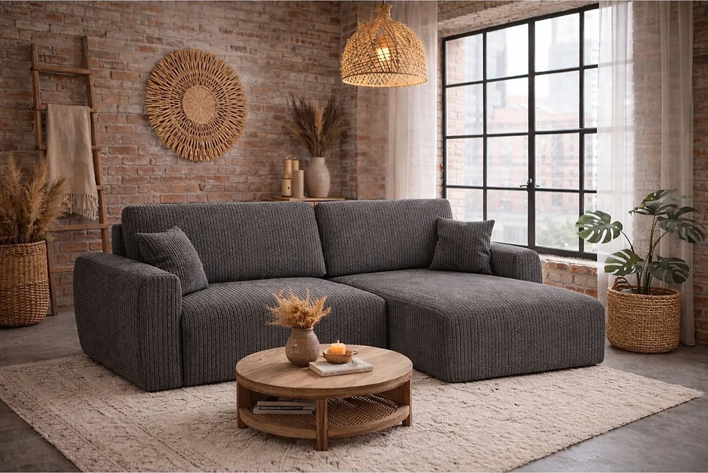 Narożnik z funkcją spania i pojemnikiem Ariel XL, tkanina sztruksowa Poso, Szary, Prawy