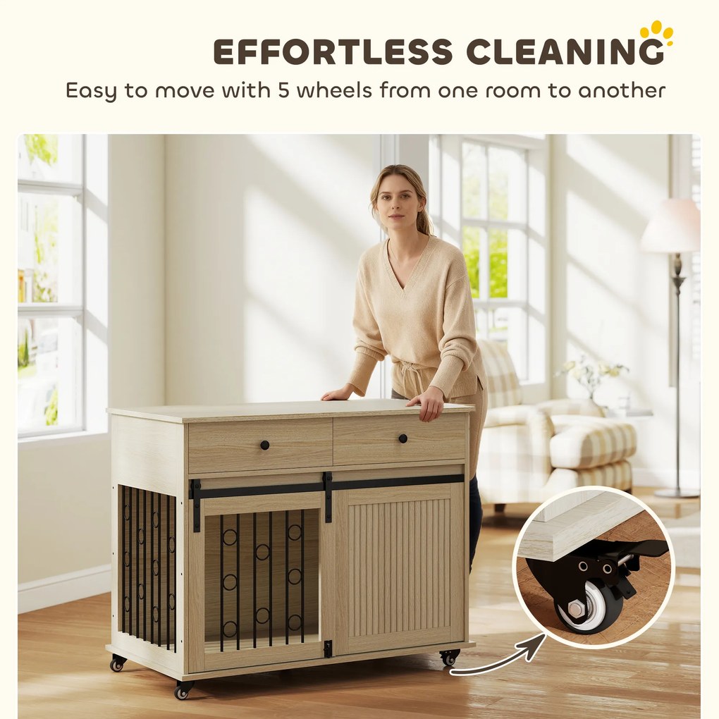 PawHut Skrzynia dla psa na kółkach, 2 drzwi, 2 szuflady, dla psów średnich i dużych, drewno, stal | Aosom PL