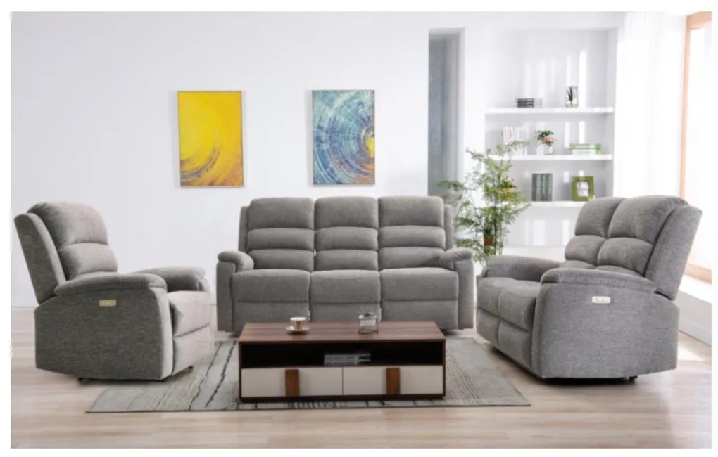 Kanapa 3-osobowa z tkaniny z elektryczną funkcją relax ze stolikiem NEVERS - Szara
