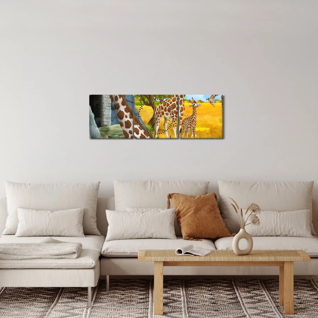 Obraz - Rodzina żyraf (z zegarem) (90x30 cm)