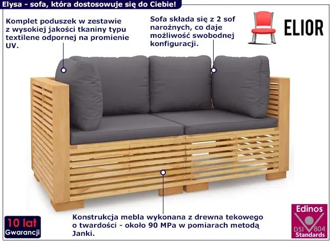 Sofa ogrodowa z drewna tekowego z szarymi poduszkami - Elosi