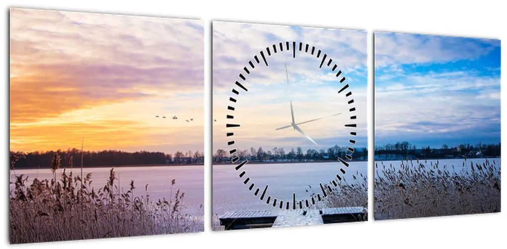 Obraz - Zamarznięte jezioro, Ełk, Mazury, Polska (z zegarem) (90x30 cm)