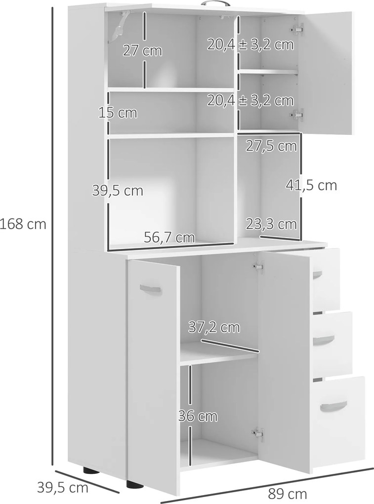 HOMCOM Szafka kuchenna, bufet z 3 szufladami i 3 półkami, obszerny magazyn, 89x39,5x168cm, Biały