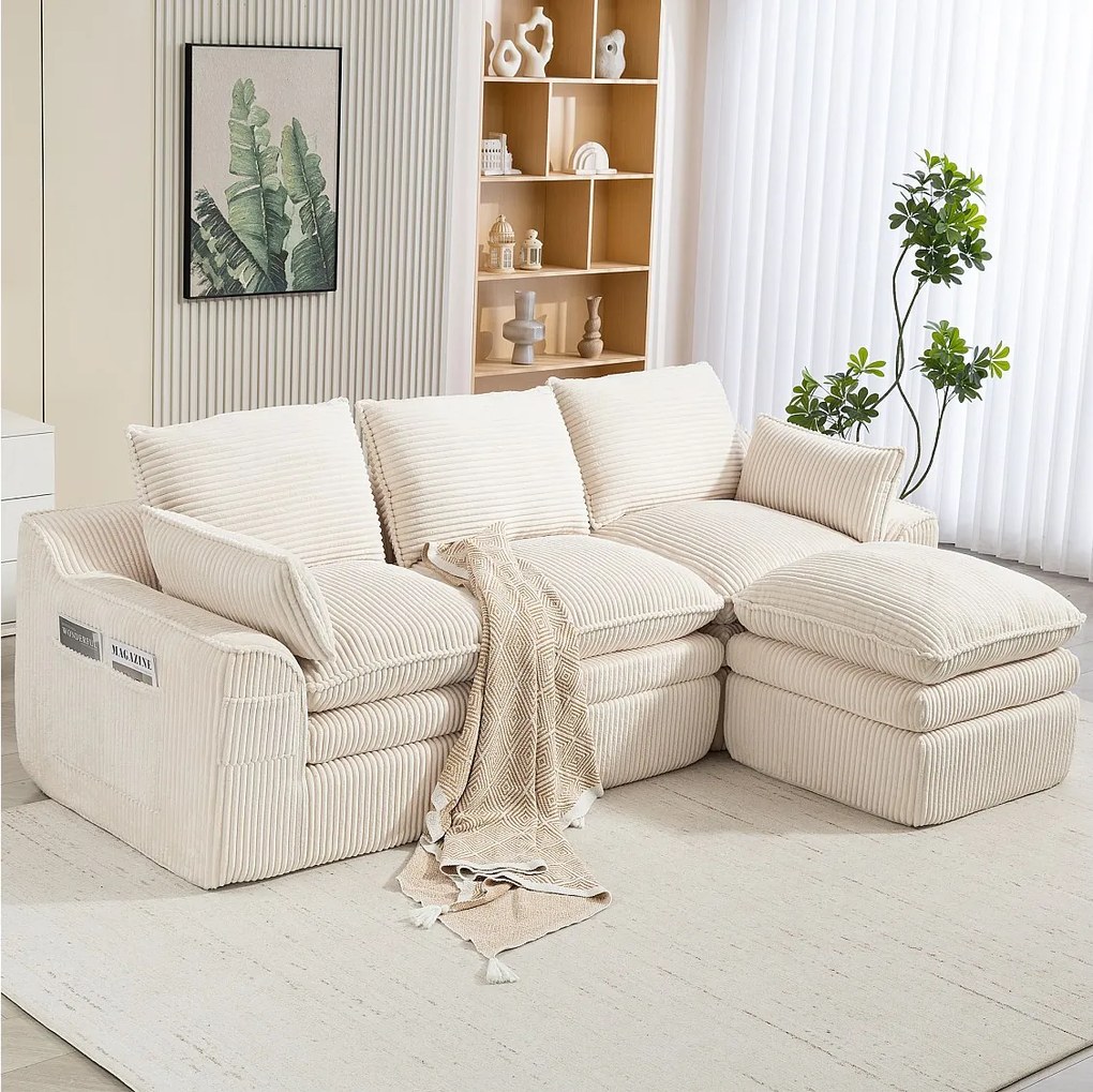 Modułowy zestaw wypoczynkowy 3-osobowy w sztruksie - 263 x 167 x 85 cm - z 1 pufą + poduszki + 2 kieszenie - beżowy