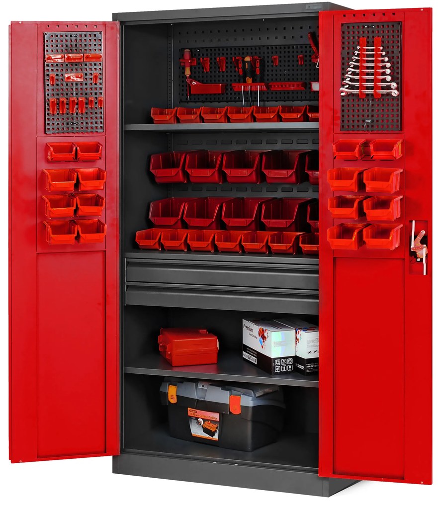 Warsztatowo-narzędziowa szafa metalowa SZYMON, 920 x 1850 x 500 mm, antracytowo-czerwona