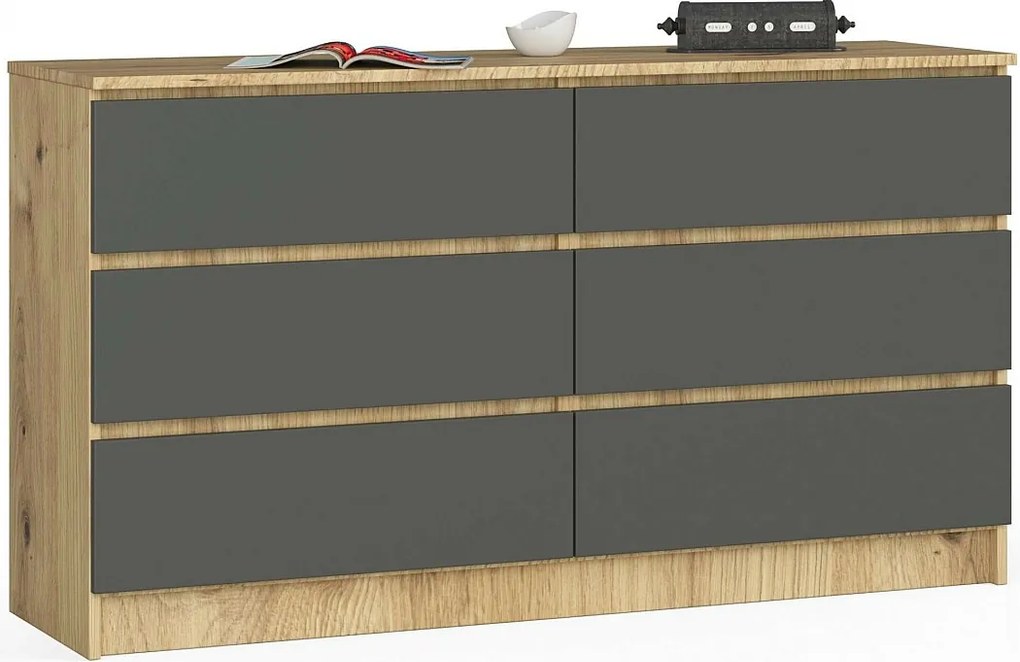 Komoda AKORD K140 Dąb Artisan 138 cm 6 szuflad kolor Grafit Szary mat 138x40x77 cm