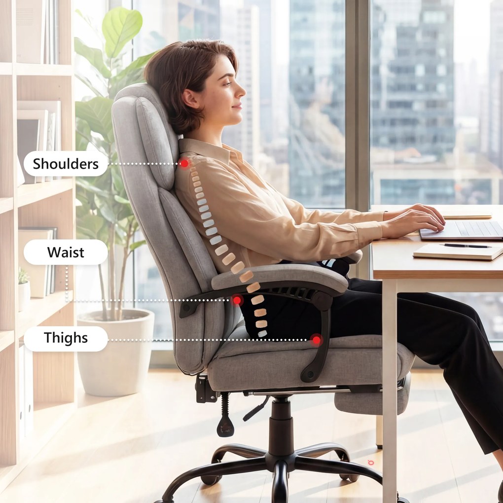 HOMCOM Fotel biurowy z wysokim oparciem, masażem wibracyjnym, funkcją podgrzewania, regulowanym oparciem, podnóżkiem, pilotem, szary | Aosom PL