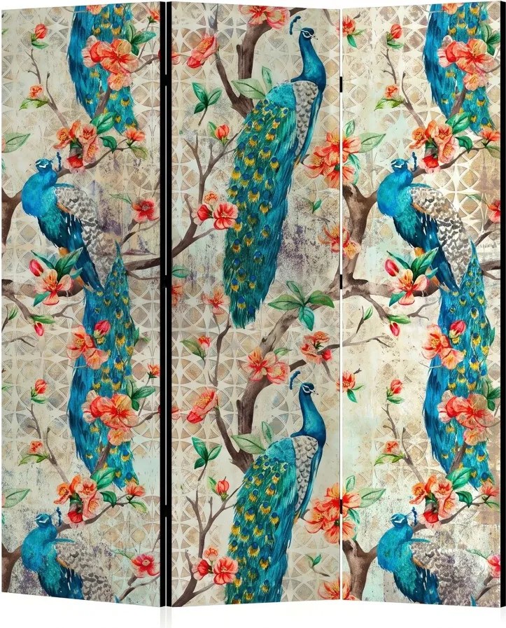 Parawan pokojowy 3-częściowy 135x172 Dwustronny dekoracyjny orientalny glamour Niebieski Królewskie Pawie W Kwiatach