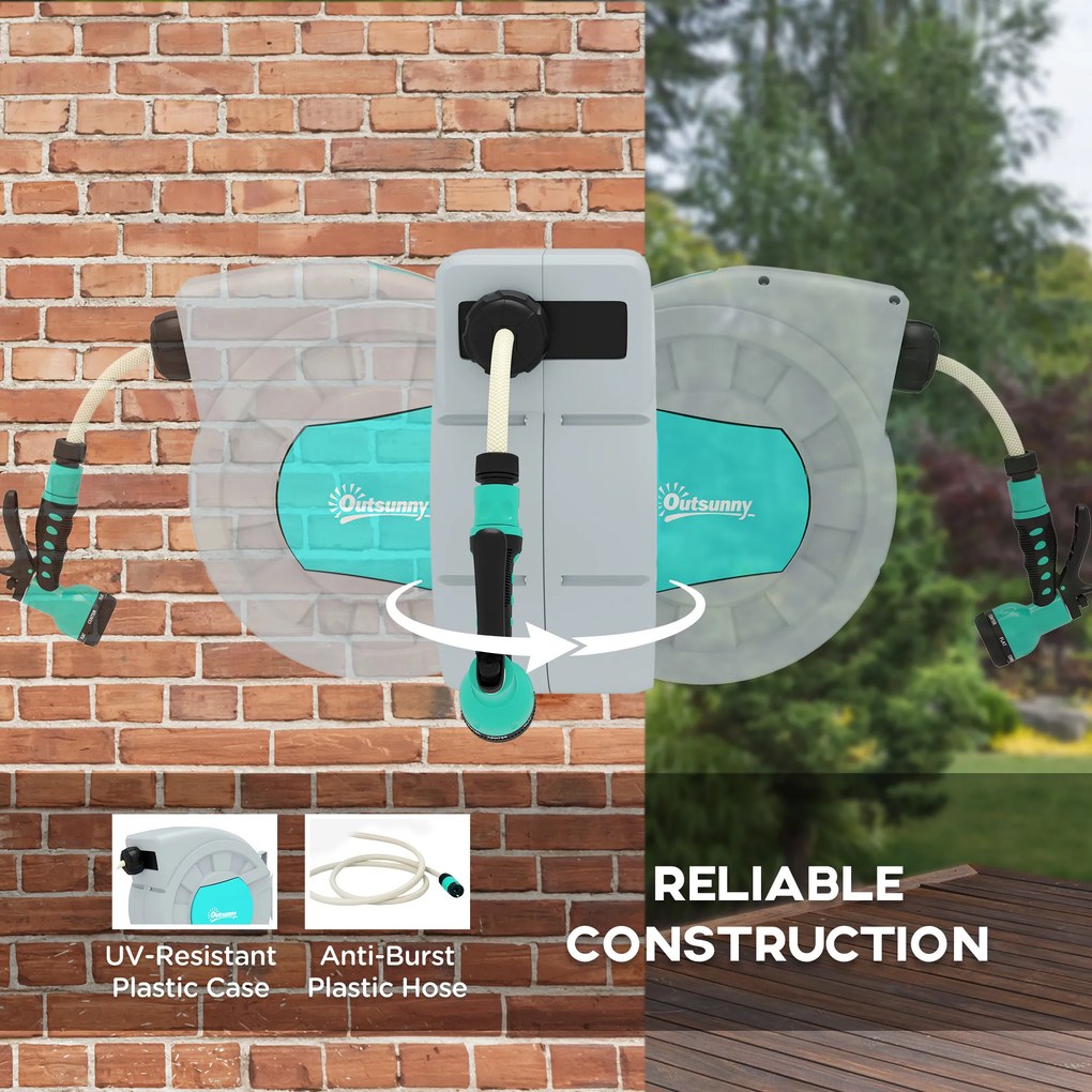 Outsunny Wieszak na wąż ogrodowy, 20+2 metry wąż ogrodowy w trwałej obudowie, Mocowanie na ścianę, 7 wzorów natrysku, Obrotowy o 180°, Szary