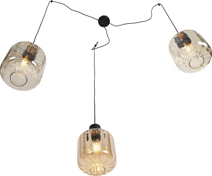 Designerska lampa wisząca czarna z bursztynowym szkłem 3-światłowa 226 cm - Qara