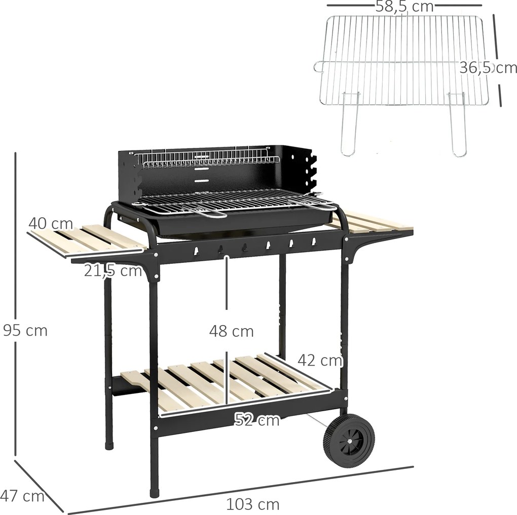 Outsunny Metalowy grill na węgiel drzewny BBQ Smoker z kołami, regulowany ruszt, półka na drewno 103x47x95 cm Czarny
