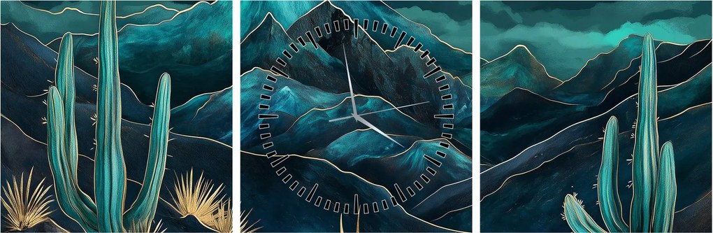 Obraz - Turkusowa noc (z zegarem) (90x30 cm)