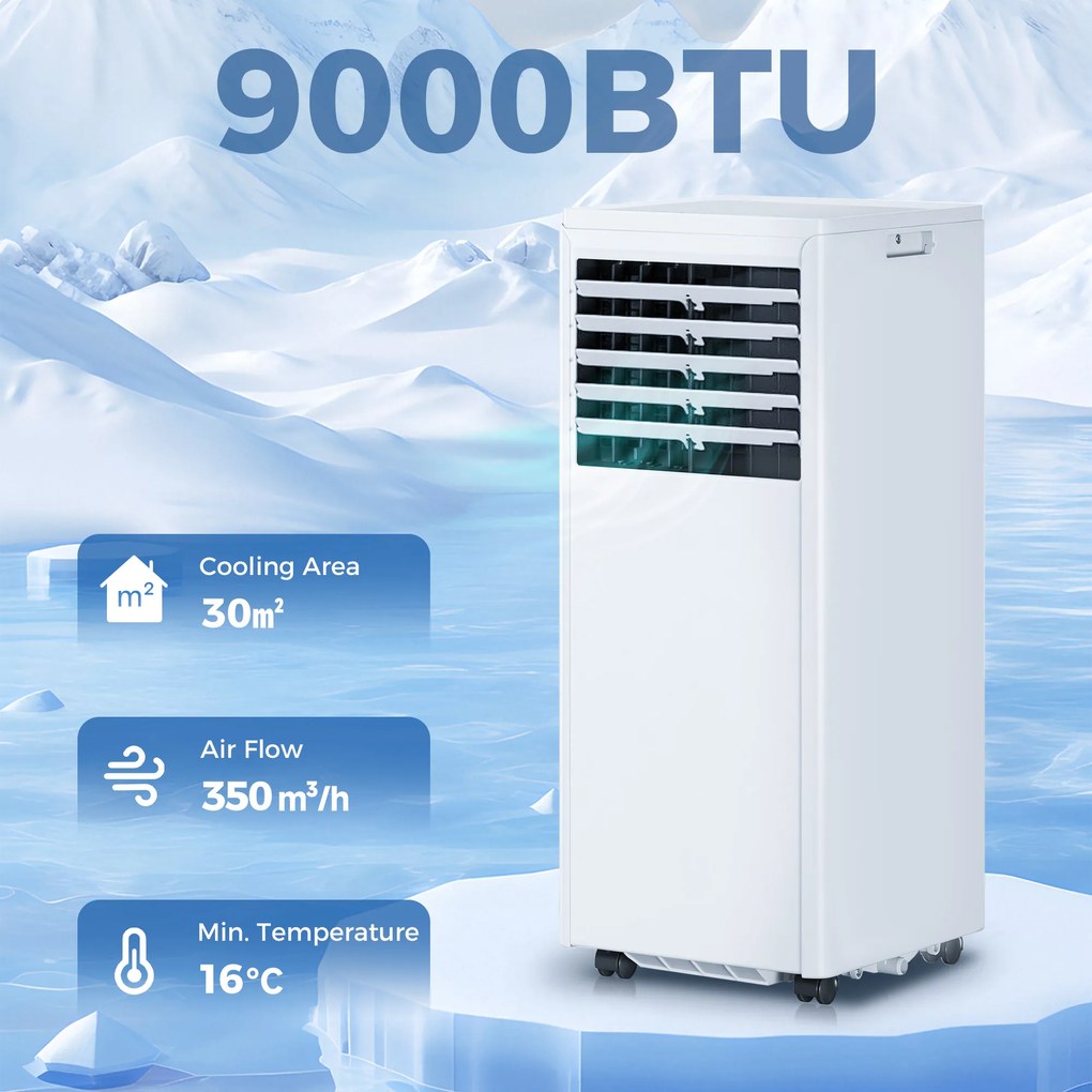 HOMCOM Przenośny klimatyzator 9000 BTU, 4-w-1 z chłodzeniem, osuszaczem, wentylatorem, trybem nocnym | Aosom PL