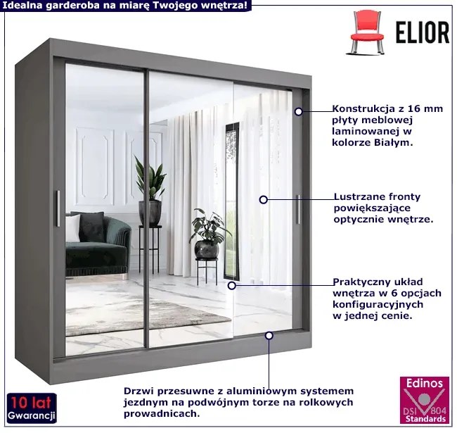Szafa przesuwna z lustrem antracyt 200 cm - Kukkin 6X