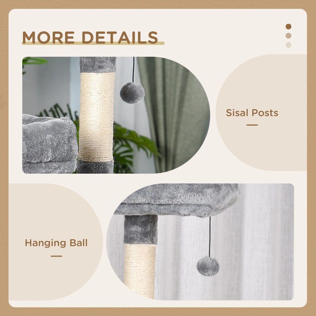 PawHut Duży drapak dla kotów 145 cm, z hamakiem, drzewko do wspinaczki dla kotów, drapak z jaskiniami i słupkami obszytymi sizalem, Jasnoszary