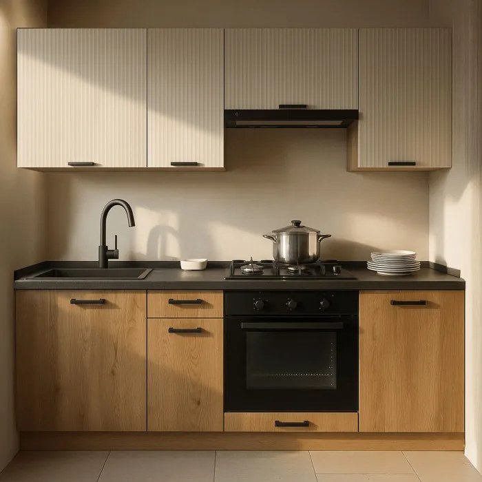 Zestaw Mebli Kuchennych MODERN 200 cm Kaszmir/Dąb Ryflowany Nowoczesny