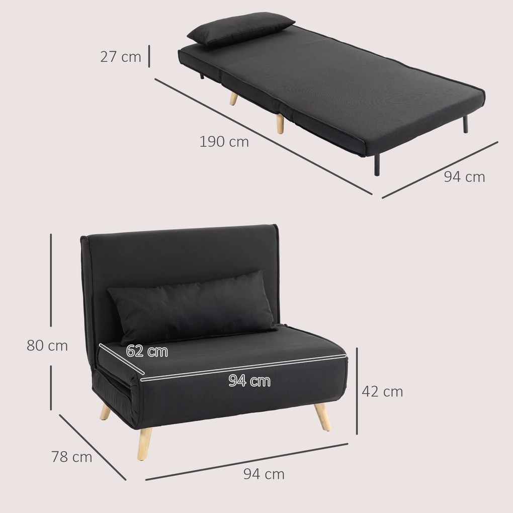 HOMCOM Fotel relaksacyjny z funkcją łóżka dla jednej osoby nowoczesny design do 350 kg czarny | Aosom PL