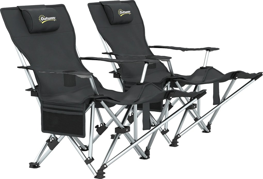 Outsunny Zestaw 2 składanych krzeseł kampingowych z odpinanym podnóżkiem, podgłówkiem i uchwytem na napoje, nośność 120 kg, Czarne