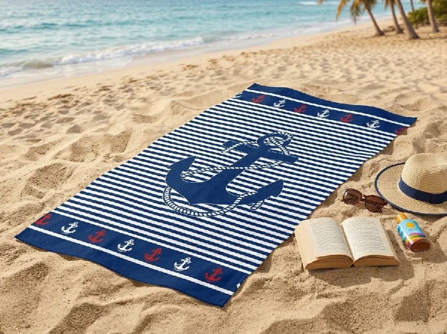 Szybkoschnący ręcznik plażowy MARITIMO niebiesko-biały 70 x 140 cm, 100% mikrofibra