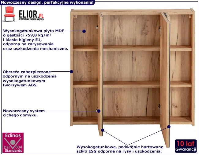 Podwieszana szafka łazienkowa z lustrem - Lunios 5X Dąb 80 cm