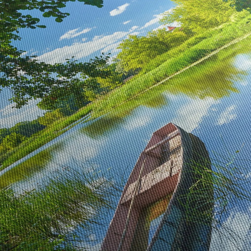 Obraz letniej rzeki z łodzią (z zegarem) (90x30 cm)