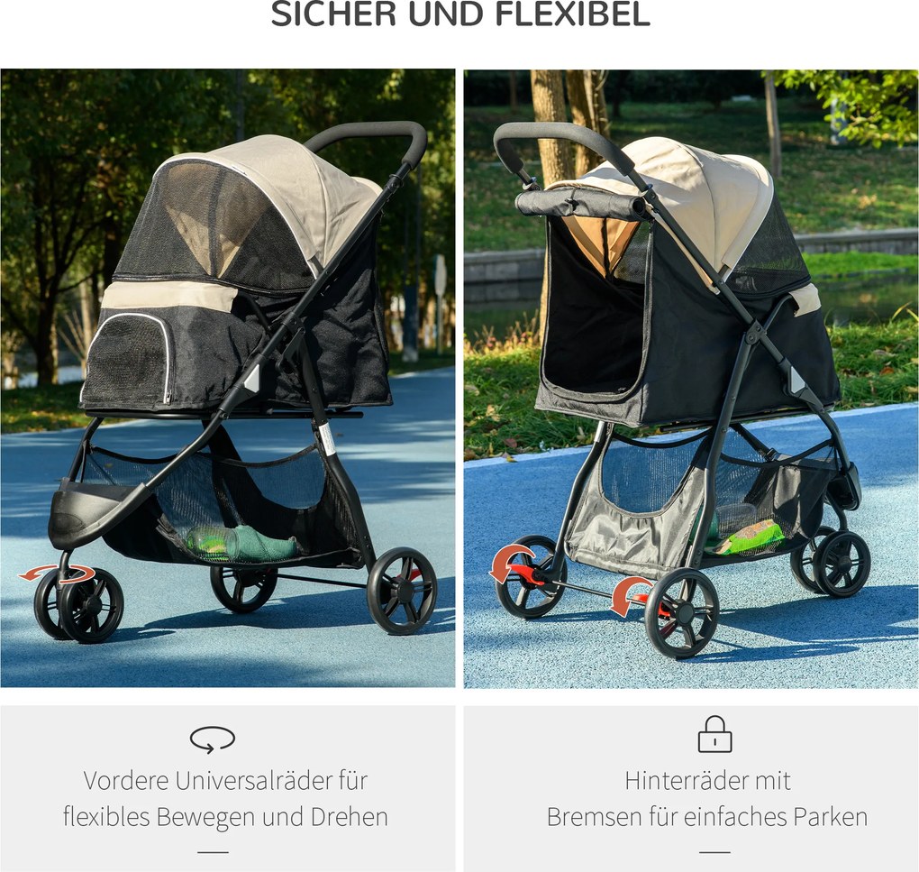 PawHut Składany wózek dla zwierząt, z ochraniaczem przeciwdeszczowym, 2 uchwyty na napoje, Niebieski + Khaki