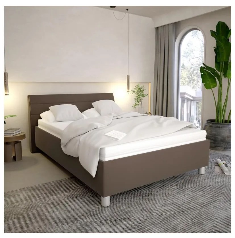 Łóżko tapicerowane z pojemnikiem na pościel i materacem DALMA 140x200 cm szare/brązowe